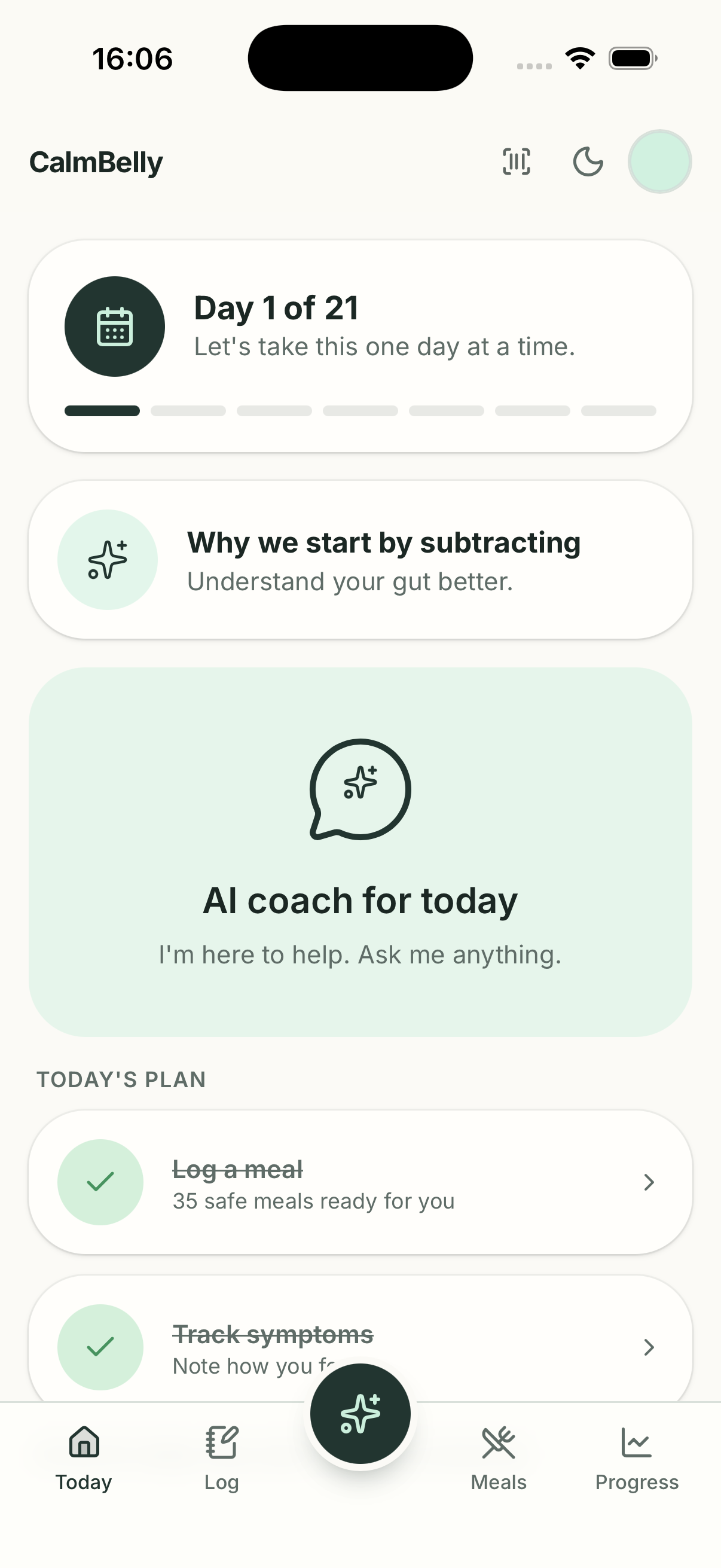 CalmBelly Today screen — Day 1 of ~21, today's lesson, and tasks